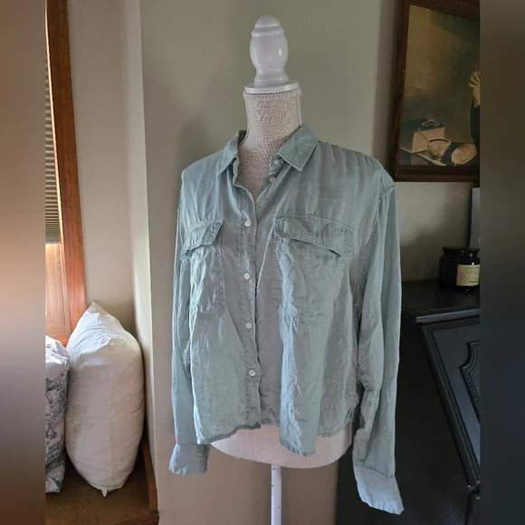 Gap Size Large Womens The Cropped Shirt Soft Mint Green Linen Top - Picture 2 of 7